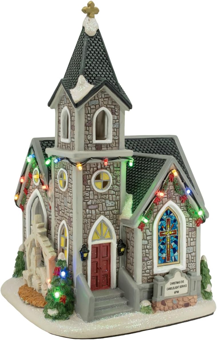 Corner Cathedral Porcelain Christmas Village with LED Lights