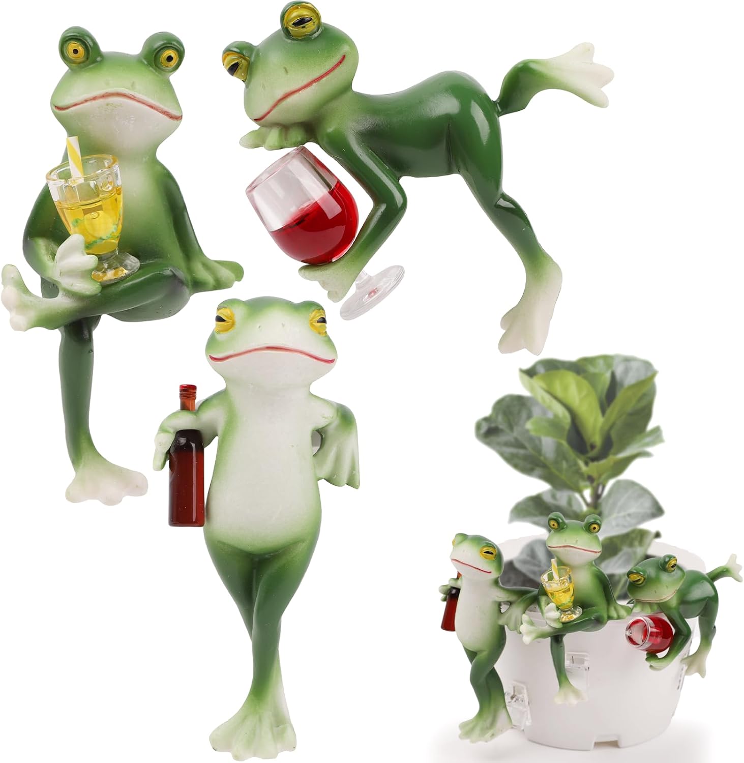 3PCS Tipsy Frog Pot Hugger, Frog Figurines for Garden Decor, Drinking Frogs Flower Pot Decoration