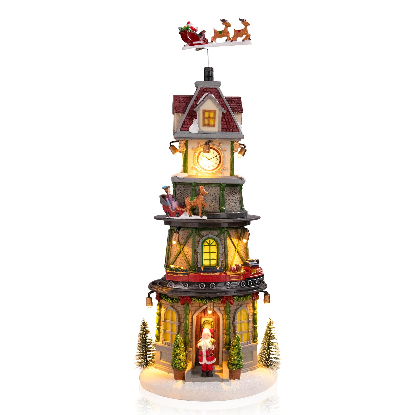 Afirst Christmas Village Houses Collectible Figurines Moving Train Around Village with Trees Lighted Christmas House Collectable Xmas Light Up Musical with USB Indoor Display Figurines Decoration