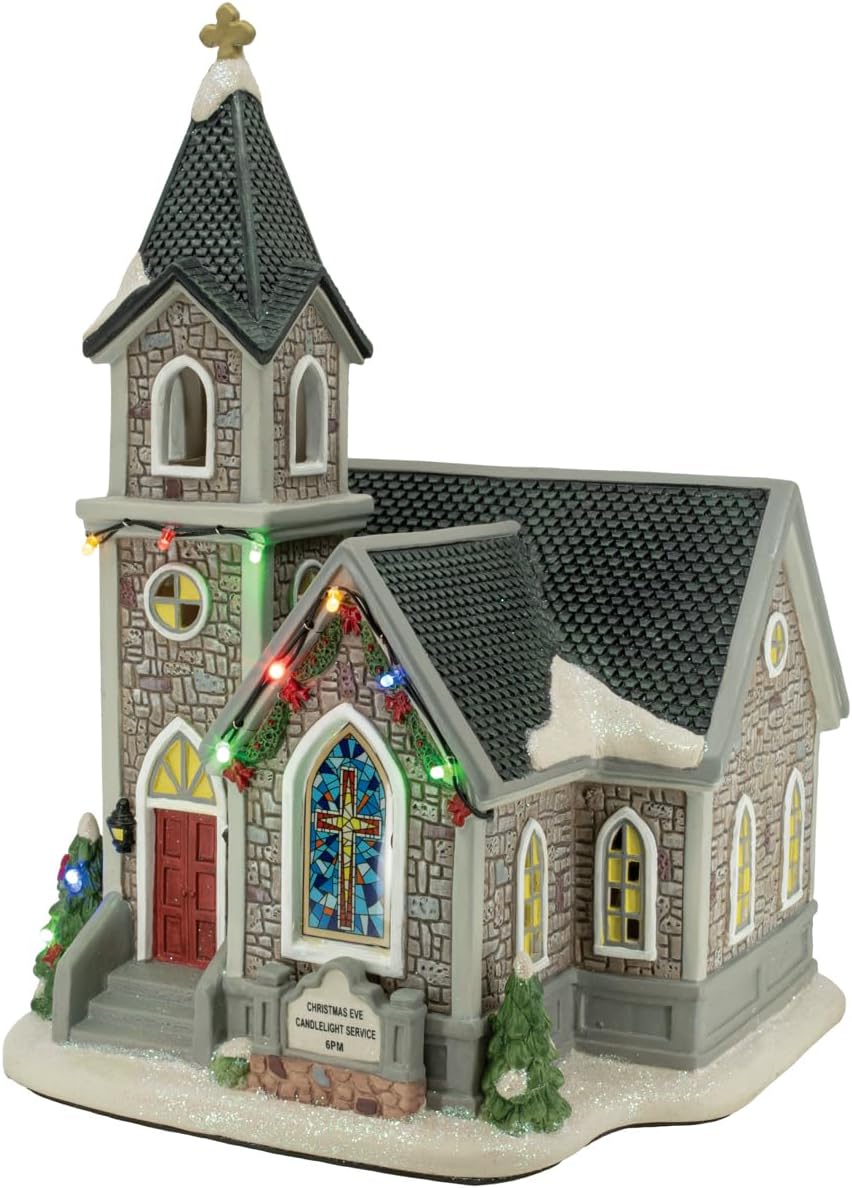 Corner Cathedral Porcelain Christmas Village with LED Lights