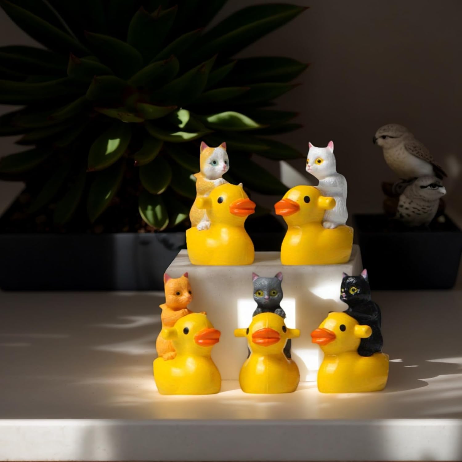 5Pcs Little Cute Cat Riding The Ducks Figurine for Office Desk Figurine for Nightstand Garden Fairy Accessories and Home Decoration Gift for Cat Lovers