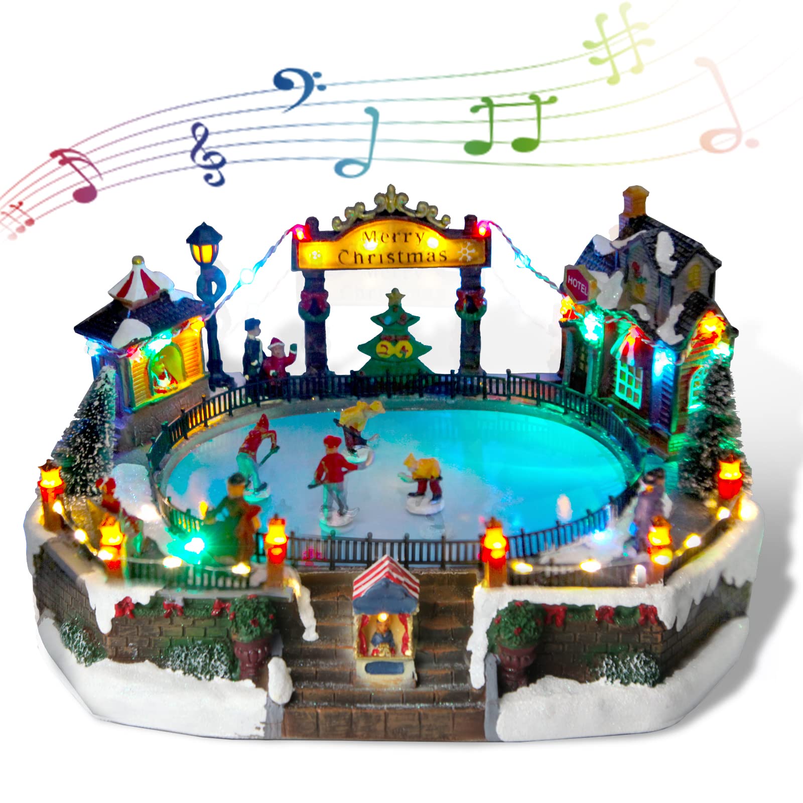 Christmas Village House Figurines Christmas Decor Estatua de la cabaña del Pueblo navideño Home Decoration Snow Globe Display Skating Pond Animated Christmas Theme Park with 8 Music L