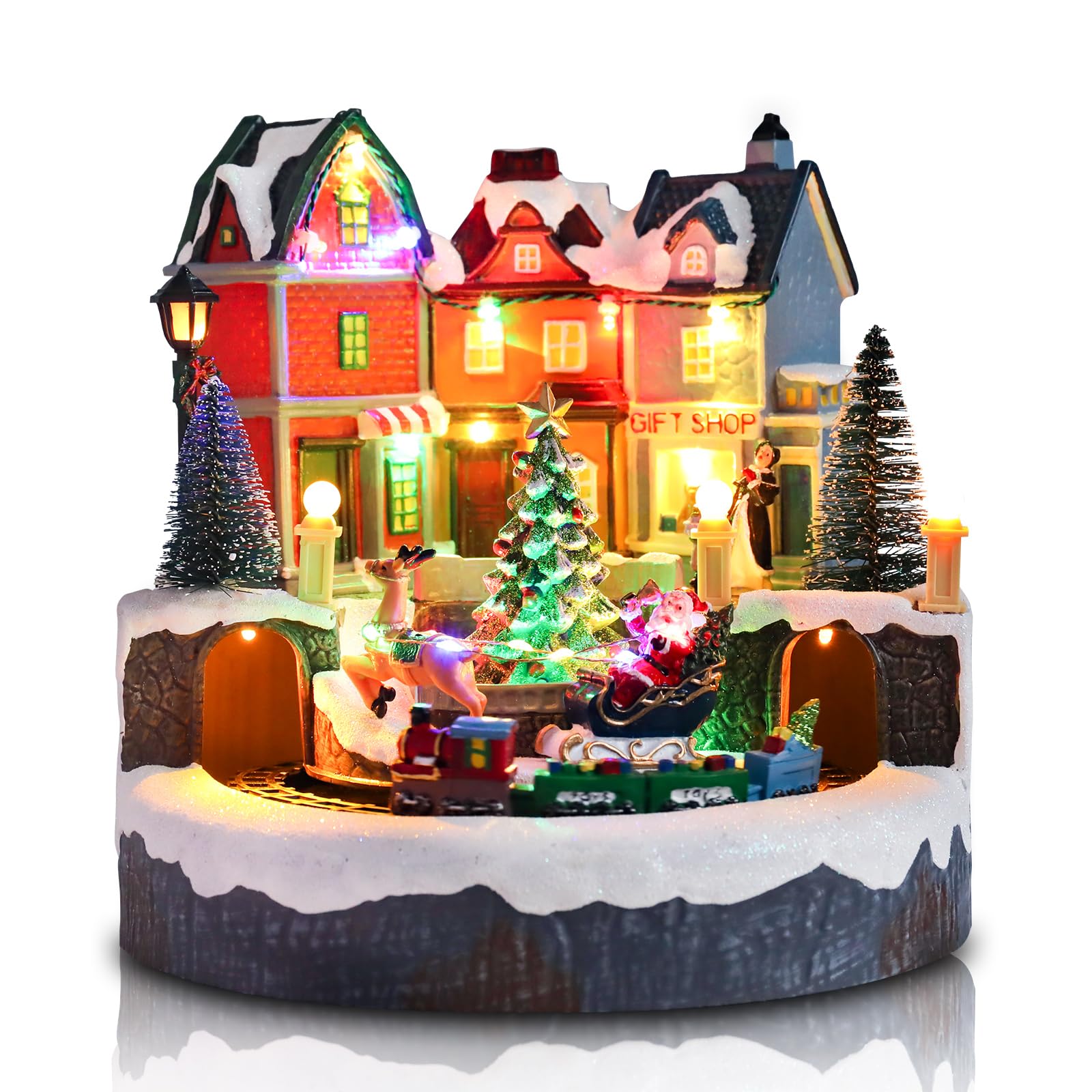 Afirst Christmas Village Houses Collectible Figurines Moving Train Around Village with Trees Lighted Christmas House Collectable Xmas Light Up Musical with USB Indoor Display Figurines Decoration