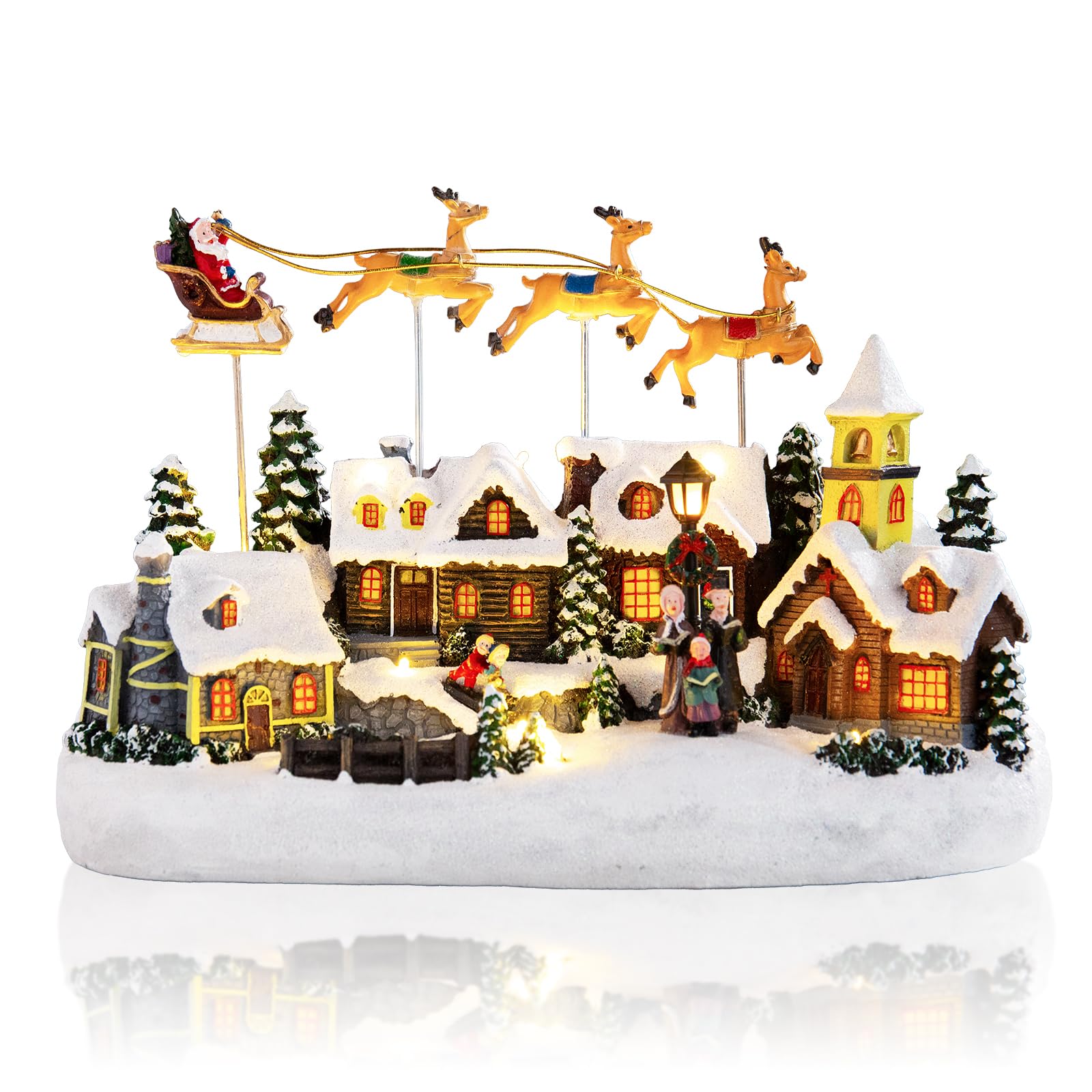 Afirst Christmas Village Houses Collectible Figurines Skaters Skiers Rotating Xmas Tree Lighted Christmas Houses Collectable Light Up Musical with USB Indoor Display Figurines Decoration