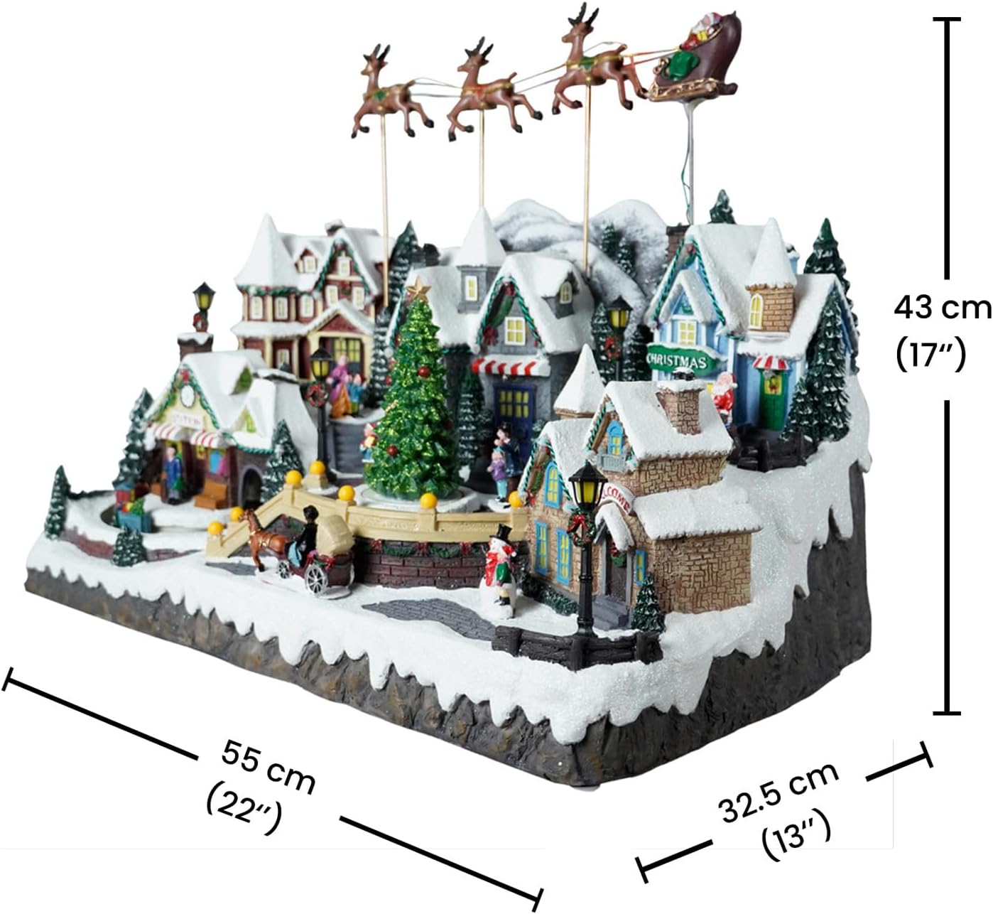 Large Christmas Village House with Flying Reindeer - Rotating Christmas Tree & Moving Train & Colourful LED Lights & 8 Festive Songs,Indoor Decorations for Home Tabletop Gift