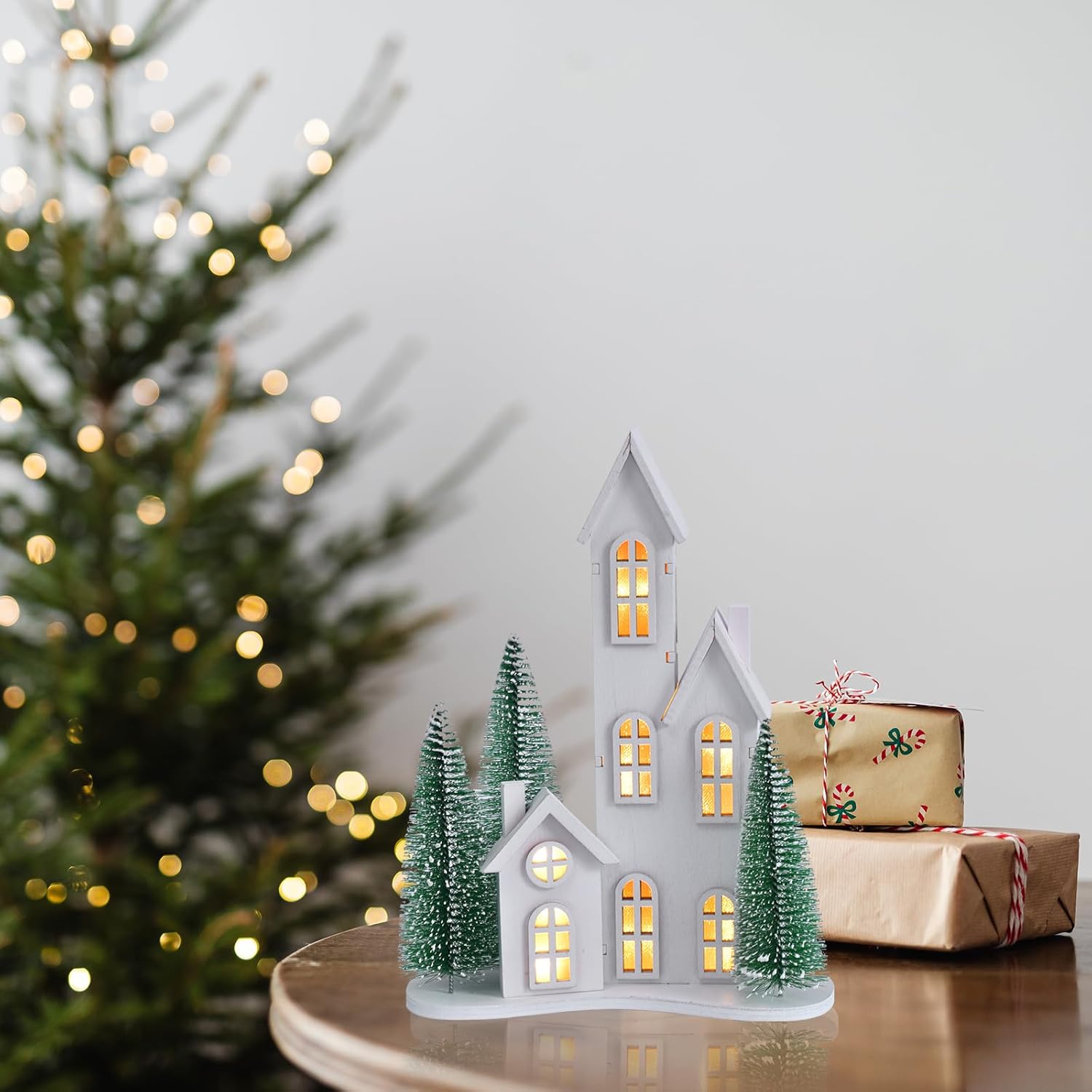 White Christmas Village Set with LED, Wooden Xmas Tabletop Decor, Mini Winter Town Display, Christmas Table Centerpieces for Indoor Decoration, for Mantel Desktop Shelf Fireplace (Style C)