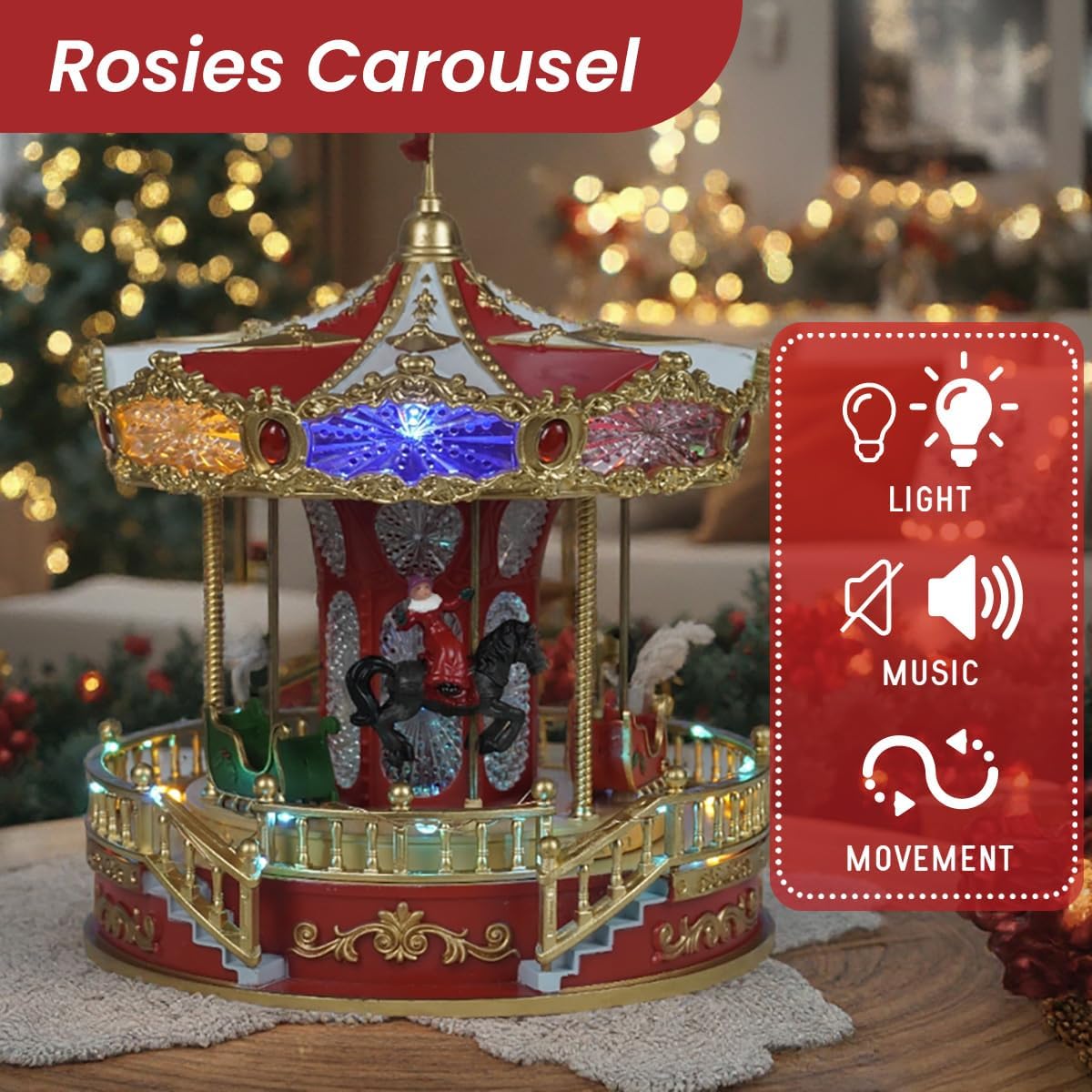 9" Animated Christmas Carousel, Carousel Go Round with Music and LED Lights, Christmas Decoration for Home Tabletop Gift