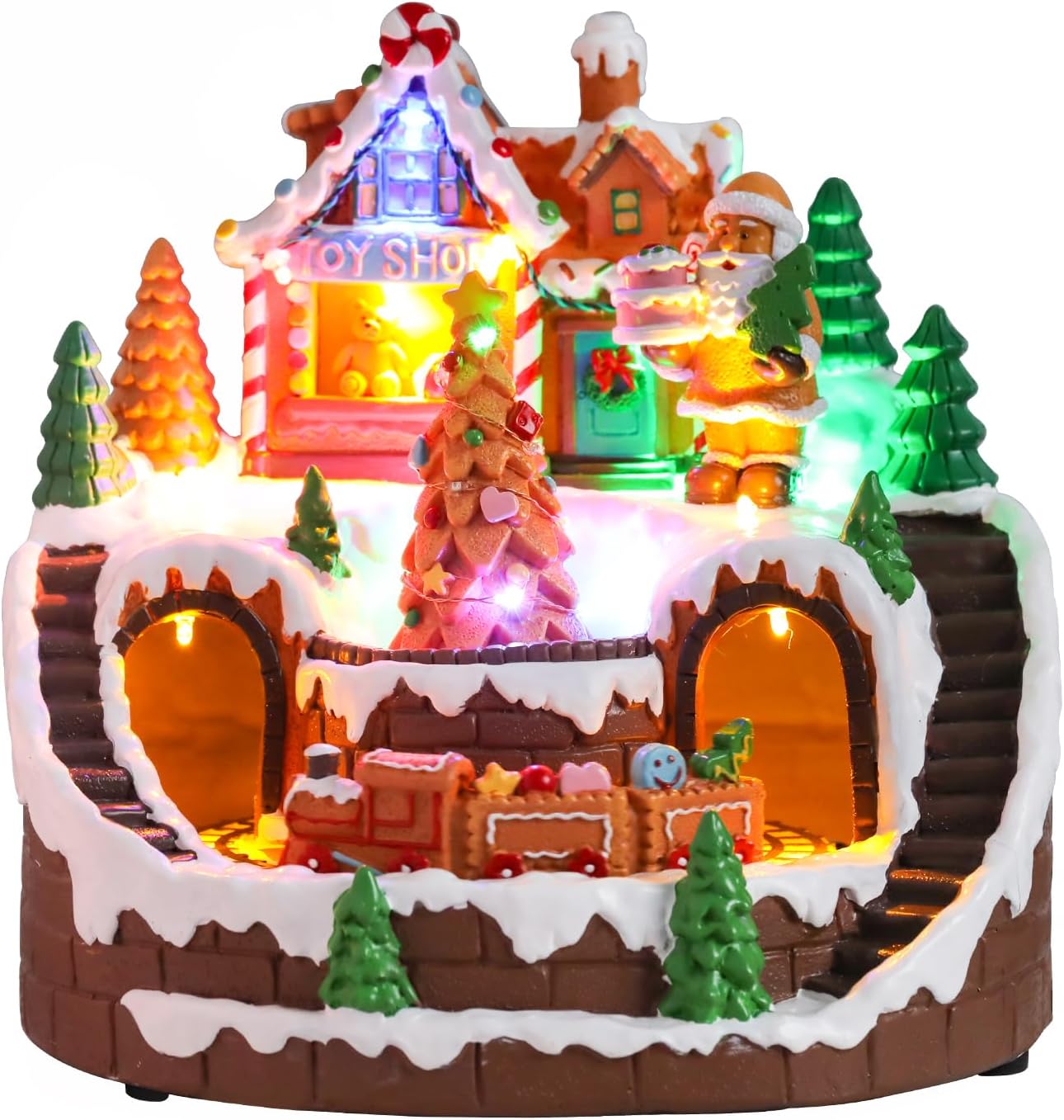 DREAM GARDEN Christmas Village House, Gingerbread House with Moving Train and Christmas Tree Battery Operated Musical Collectible Buildings with LED Lights for Home Table Holiday Display