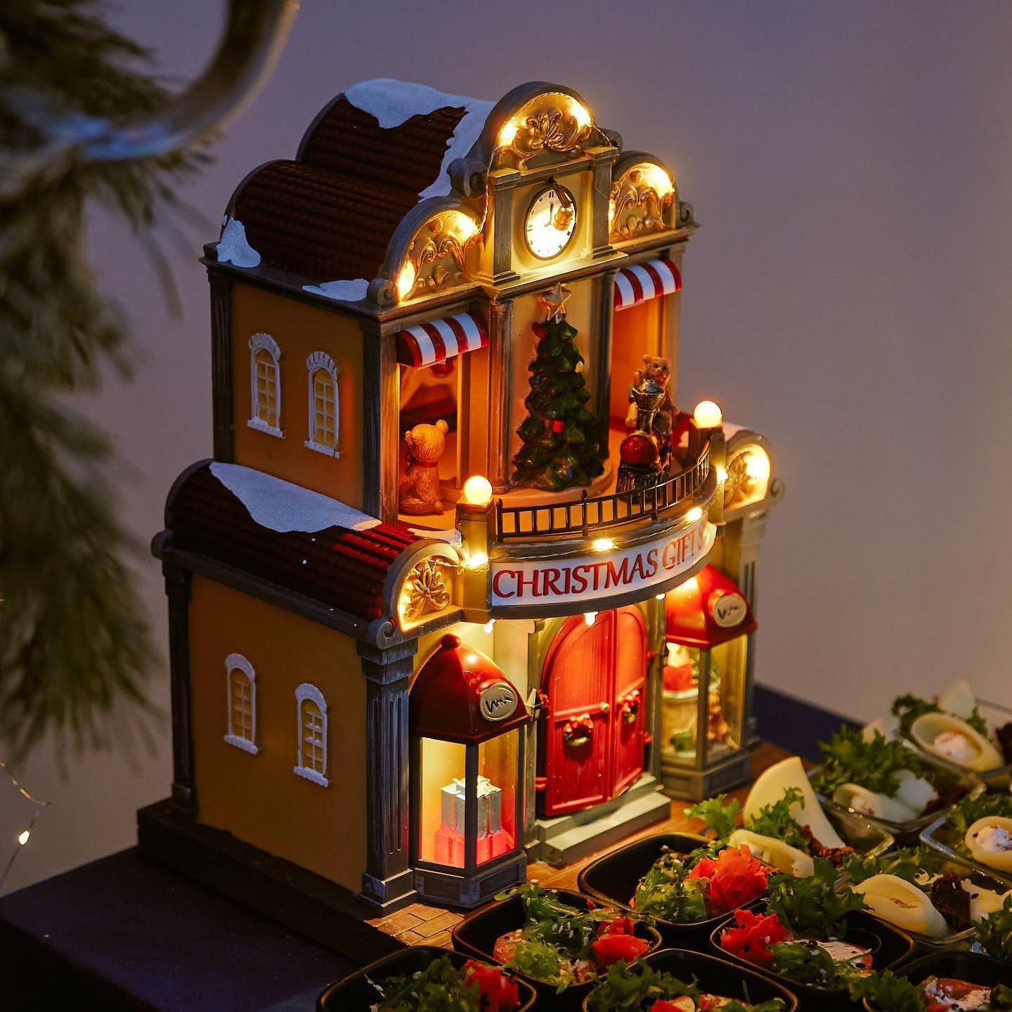 12" Animated Christmas Village House with LED Lights & Music - Spinning Train, Dynamically Moving Santa, Handpainted Resin Shop for Indoor Home Tabletop Decor