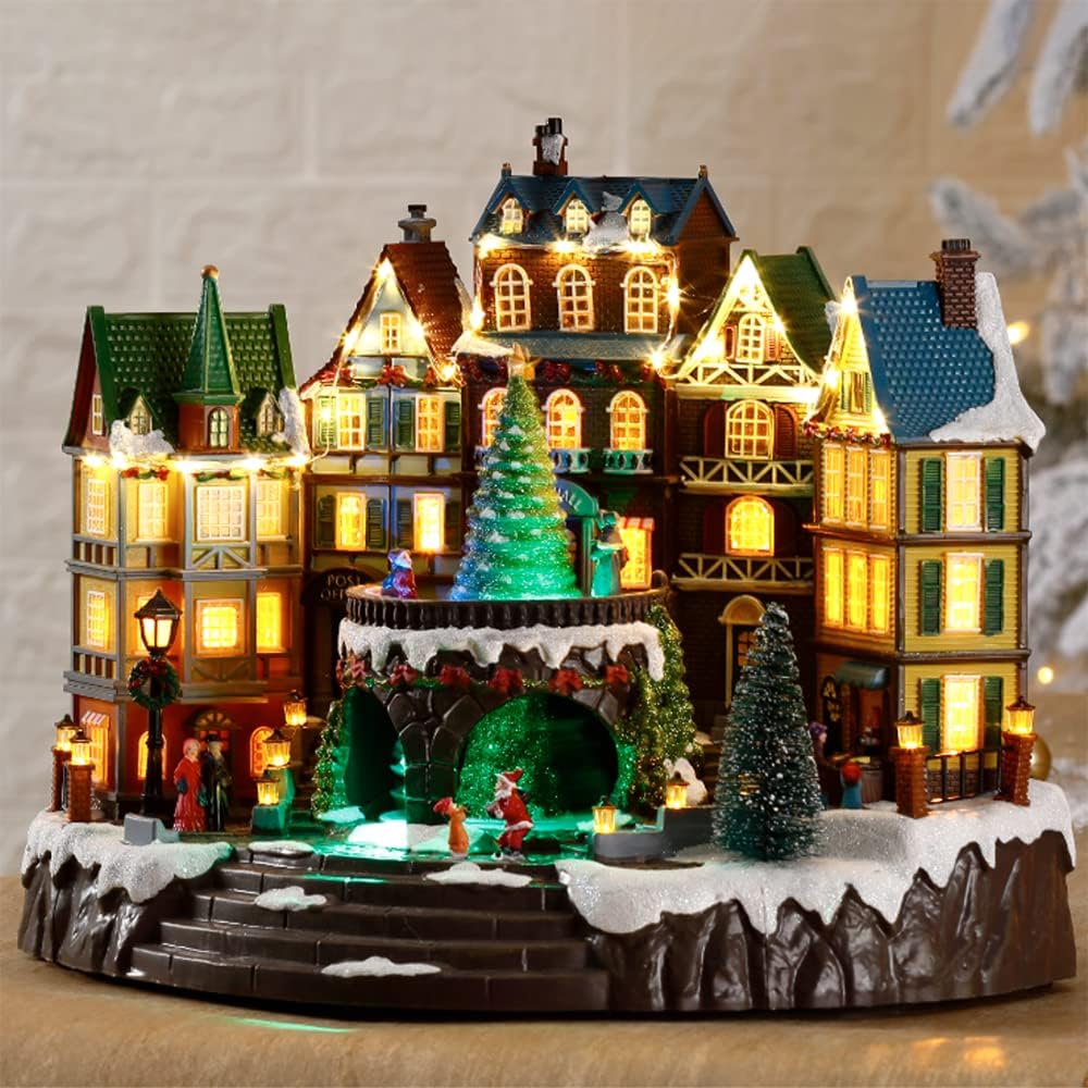 Christmas Village House, 12.4" H Large Size, Colourful LED Lights with Christmas Music, Rotating Christmas Trees and Roller Skaters, Christmas Decoration for Home (Yellow)