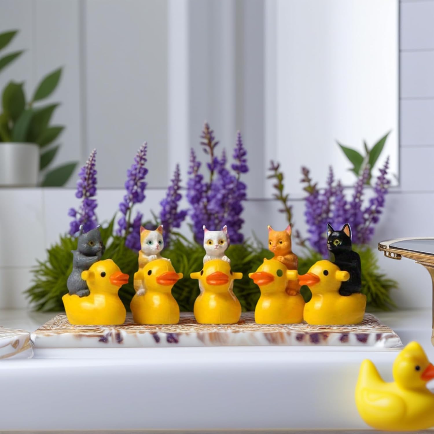 5Pcs Little Cute Cat Riding The Ducks Figurine for Office Desk Figurine for Nightstand Garden Fairy Accessories and Home Decoration Gift for Cat Lovers