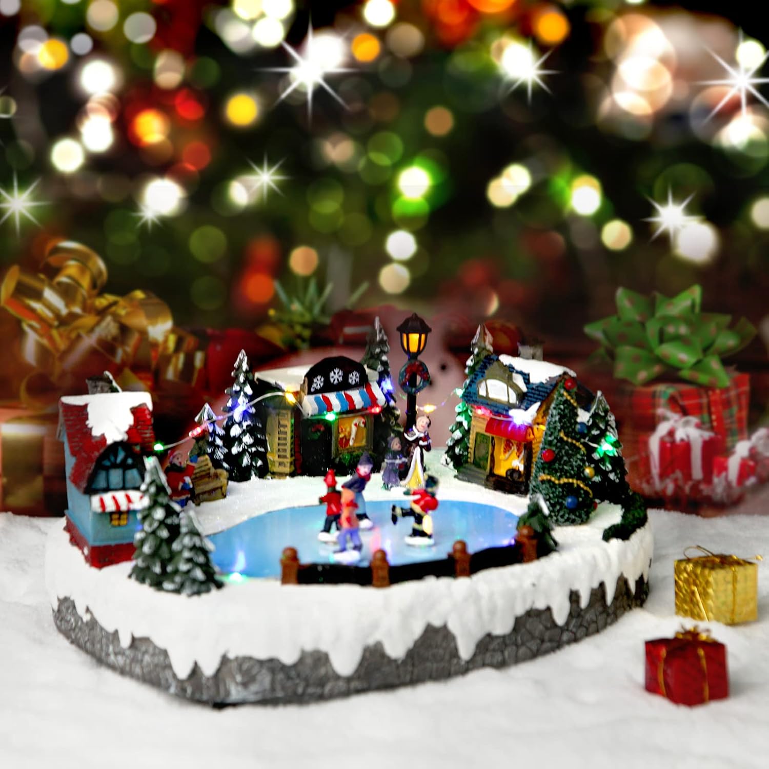 Christmas Village House Figurines Christmas Decor Estatua de la cabaña del Pueblo navideño Home Decoration Snow Globe Display Skating Pond Animated Christmas Theme Park with 8 Music L