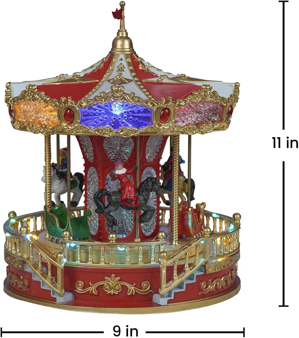 9" Animated Christmas Carousel, Carousel Go Round with Music and LED Lights, Christmas Decoration for Home Tabletop Gift