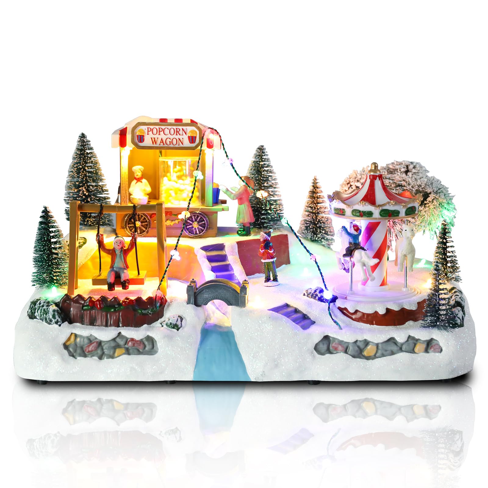 Afirst Christmas Village Houses Collectible Figurines Skaters Skiers Rotating Xmas Tree Lighted Christmas Houses Collectable Light Up Musical with USB Indoor Display Figurines Decoration