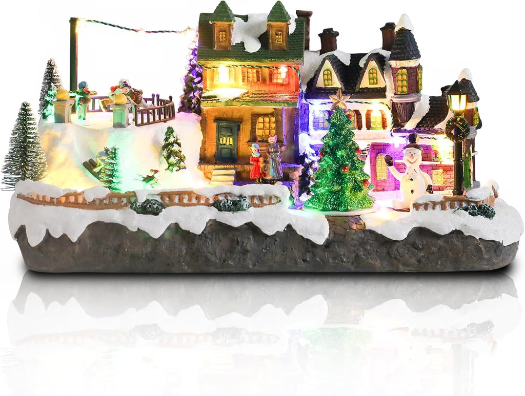 Afirst Christmas Village Houses Collectible Figurines Skaters Skiers Rotating Xmas Tree Lighted Christmas Houses Collectable Light Up Musical with USB Indoor Display Figurines Decoration