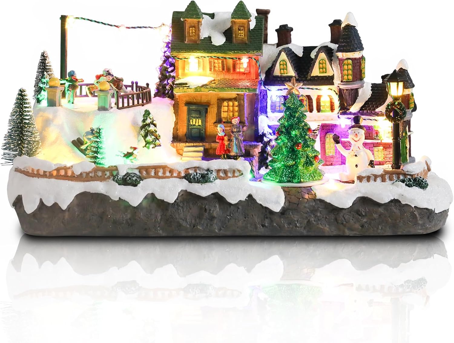 Afirst Christmas Village Houses Collectible Figurines Skaters Skiers Rotating Xmas Tree Lighted Christmas Houses Collectable Light Up Musical with USB Indoor Display Figurines Decoration