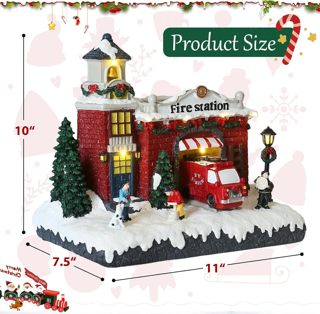 Resin Christmas Village Building, Fire Station with LED Lights, Collectible Buildings Decoration with Snow, Indoor Home & Desktop Decor (10" H x 11" W x 7.5" D)