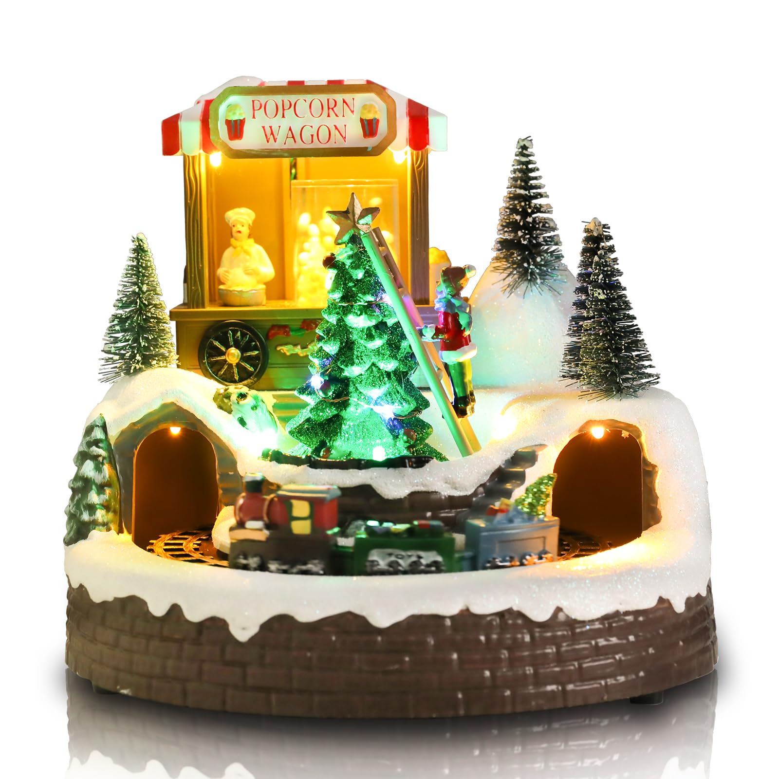 Afirst Christmas Village Houses Collectible Figurines Moving Train Around Village with Trees Lighted Christmas House Collectable Xmas Light Up Musical with USB Indoor Display Figurines Decoration