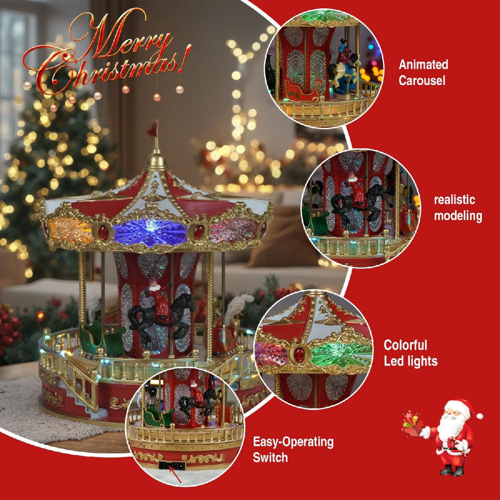 9" Animated Christmas Carousel, Carousel Go Round with Music and LED Lights, Christmas Decoration for Home Tabletop Gift