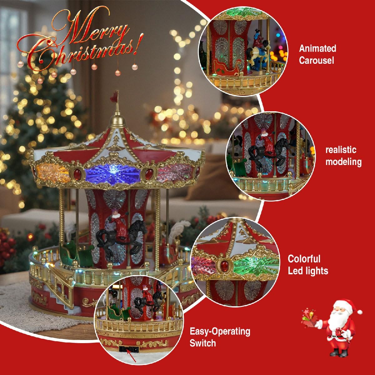 9" Animated Christmas Carousel, Carousel Go Round with Music and LED Lights, Christmas Decoration for Home Tabletop Gift