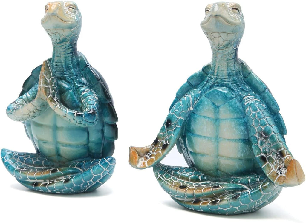 Set of 2 Sea Turtle Yoga Figurines - Summer Meditating Turtle Decor for Spring Garden, Home Office Decorations