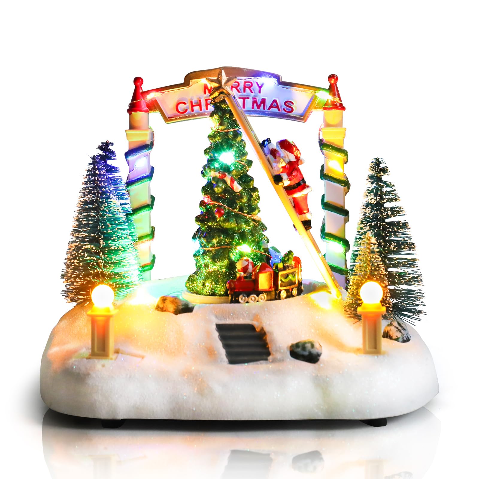 Afirst Christmas Village Houses Collectible Figurines Skaters Skiers Rotating Xmas Tree Lighted Christmas Houses Collectable Light Up Musical with USB Indoor Display Figurines Decoration