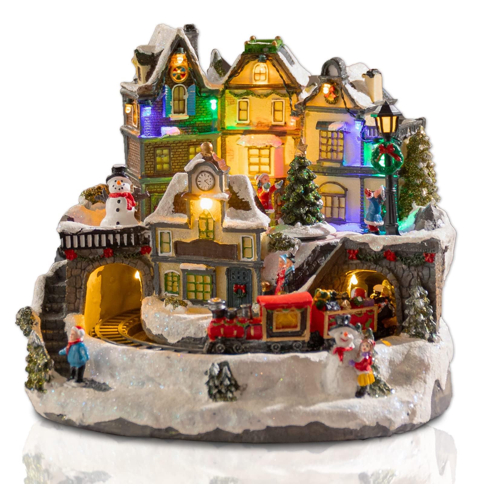 Afirst Christmas Village Houses Collectible Figurines Moving Train Around Village with Trees Lighted Christmas House Collectable Xmas Light Up Musical with USB Indoor Display Figurines Decoration