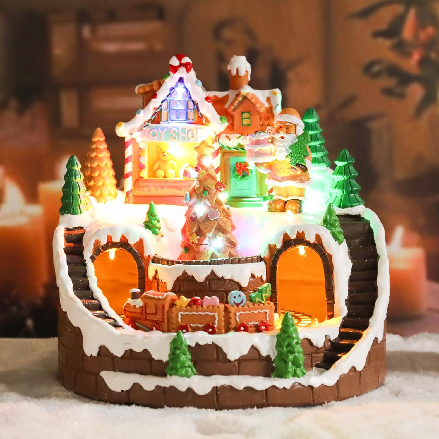 DREAM GARDEN Christmas Village House, Gingerbread House with Moving Train and Christmas Tree Battery Operated Musical Collectible Buildings with LED Lights for Home Table Holiday Display