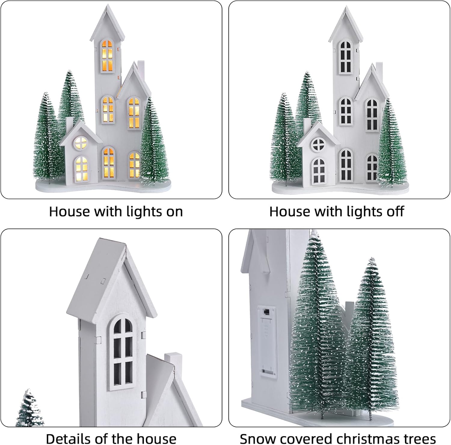 White Christmas Village Set with LED, Wooden Xmas Tabletop Decor, Mini Winter Town Display, Christmas Table Centerpieces for Indoor Decoration, for Mantel Desktop Shelf Fireplace (Style C)