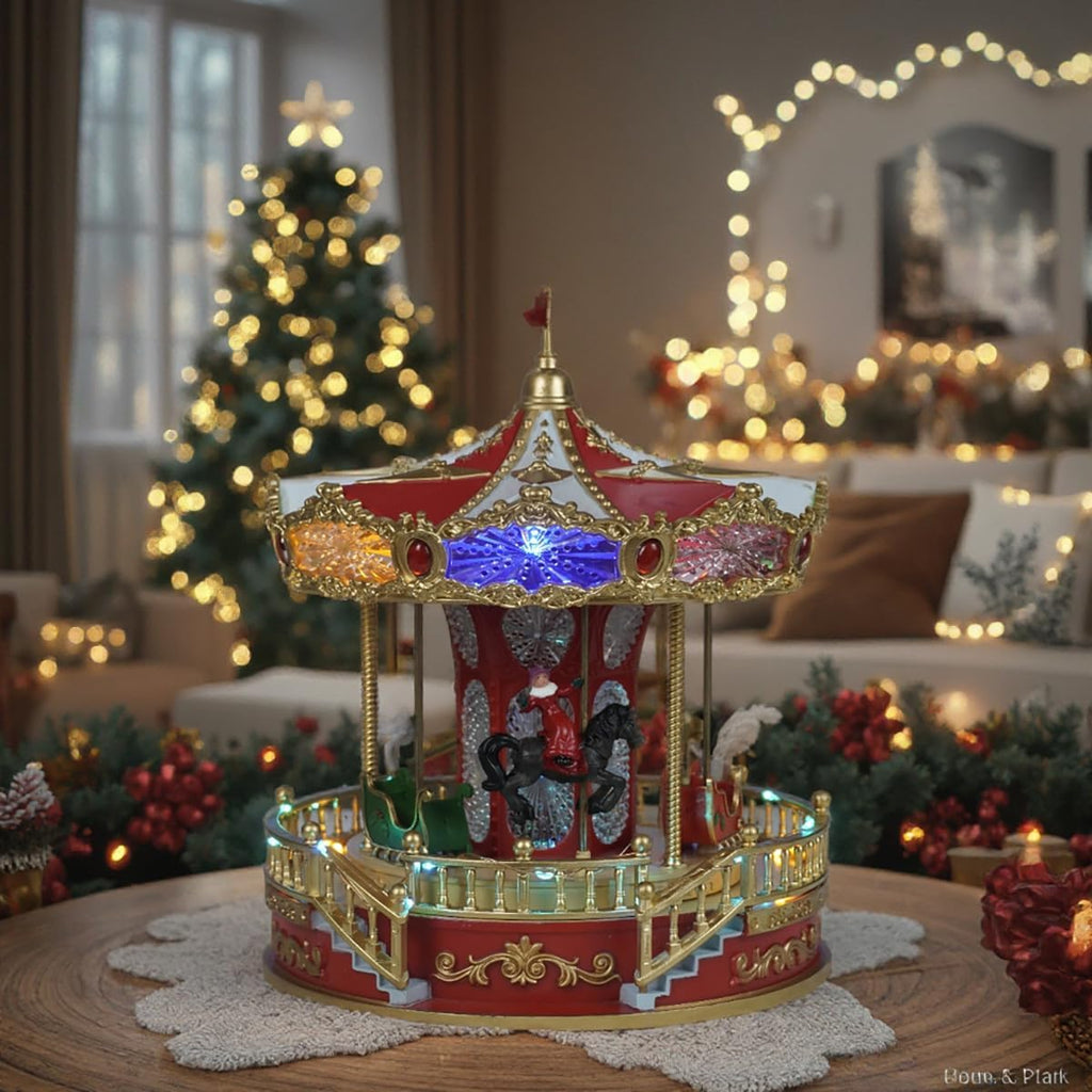 9" Animated Christmas Carousel, Carousel Go Round with Music and LED Lights, Christmas Decoration for Home Tabletop Gift