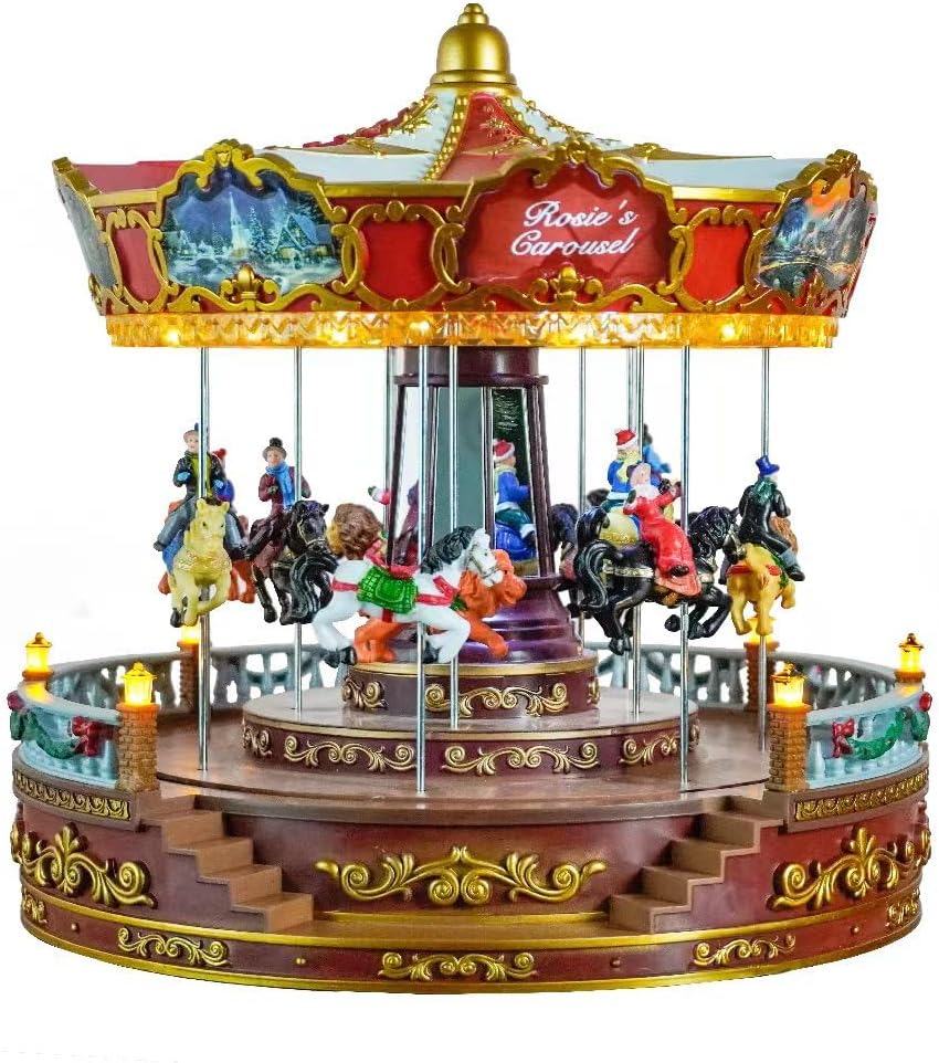 Christmas Carousel Decoration, 14inch Large Size, Carousel Go Round with Music and Lights, Realistic Scene, Add Christmas Atmosphere, Perfect （red）