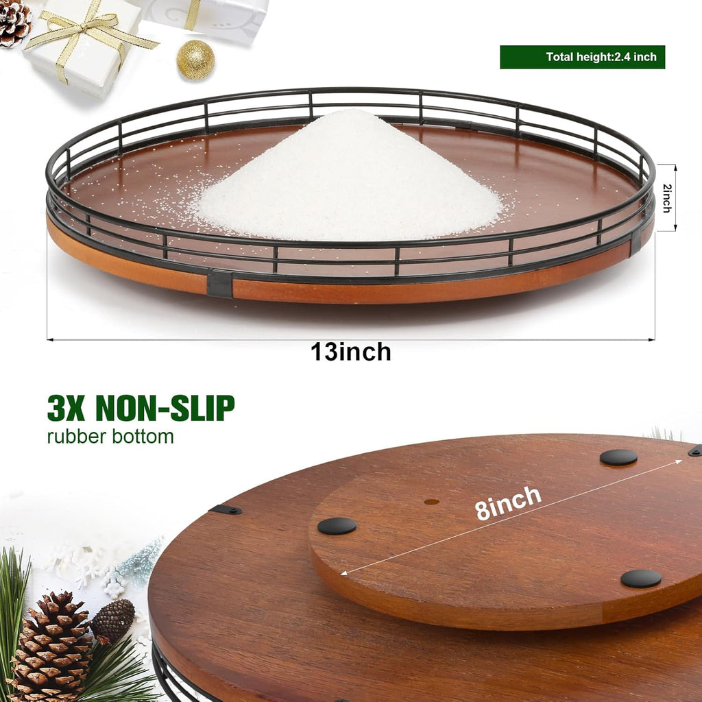 12 PCS Christmas Town Village Sets, 13" Oak Wood Lazy Susan for Table Top Centerpiece Decor for Table, Xmas House Decorations, Trees, Snowman, Elephant, Santa Claus, Reindeer, Train for Festive Decor