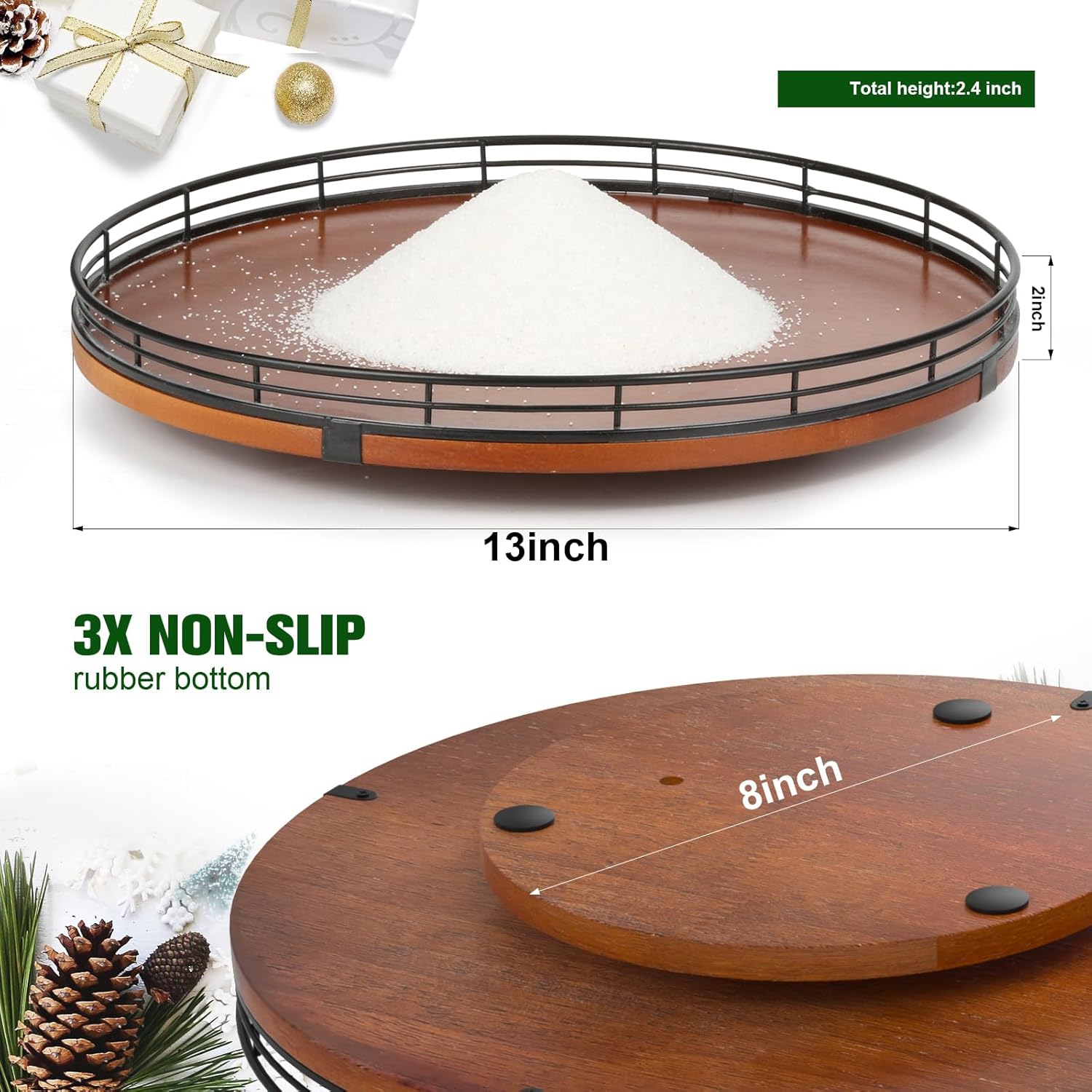 12 PCS Christmas Town Village Sets, 13" Oak Wood Lazy Susan for Table Top Centerpiece Decor for Table, Xmas House Decorations, Trees, Snowman, Elephant, Santa Claus, Reindeer, Train for Festive Decor