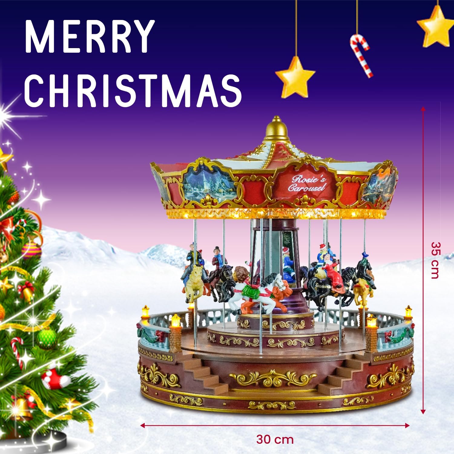 Christmas Carousel Decoration, 14inch Large Size, Carousel Go Round with Music and Lights, Realistic Scene, Add Christmas Atmosphere, Perfect （red）