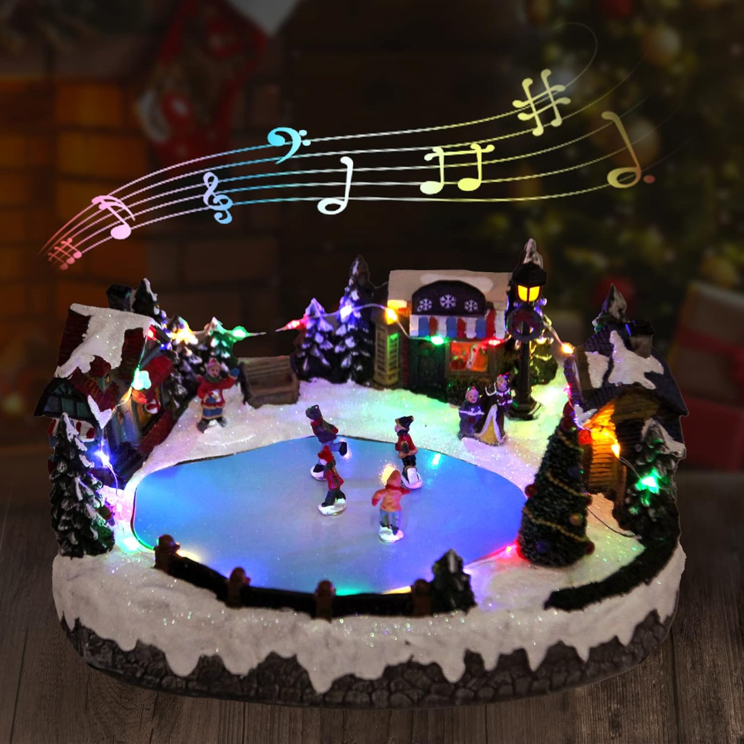 Christmas Village House Figurines Christmas Decor Estatua de la cabaña del Pueblo navideño Home Decoration Snow Globe Display Skating Pond Animated Christmas Theme Park with 8 Music L