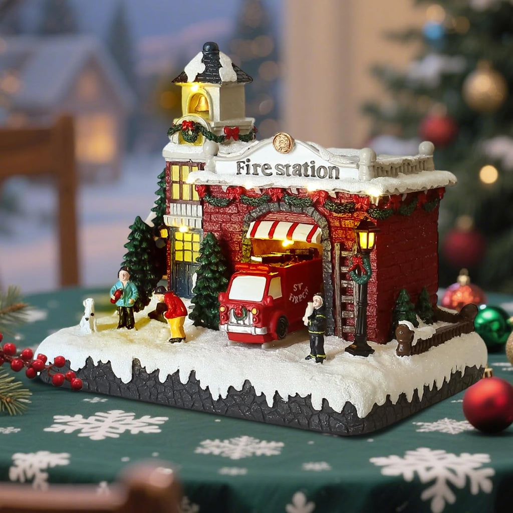Resin Christmas Village Building, Fire Station with LED Lights, Collectible Buildings Decoration with Snow, Indoor Home & Desktop Decor (10" H x 11" W x 7.5" D)