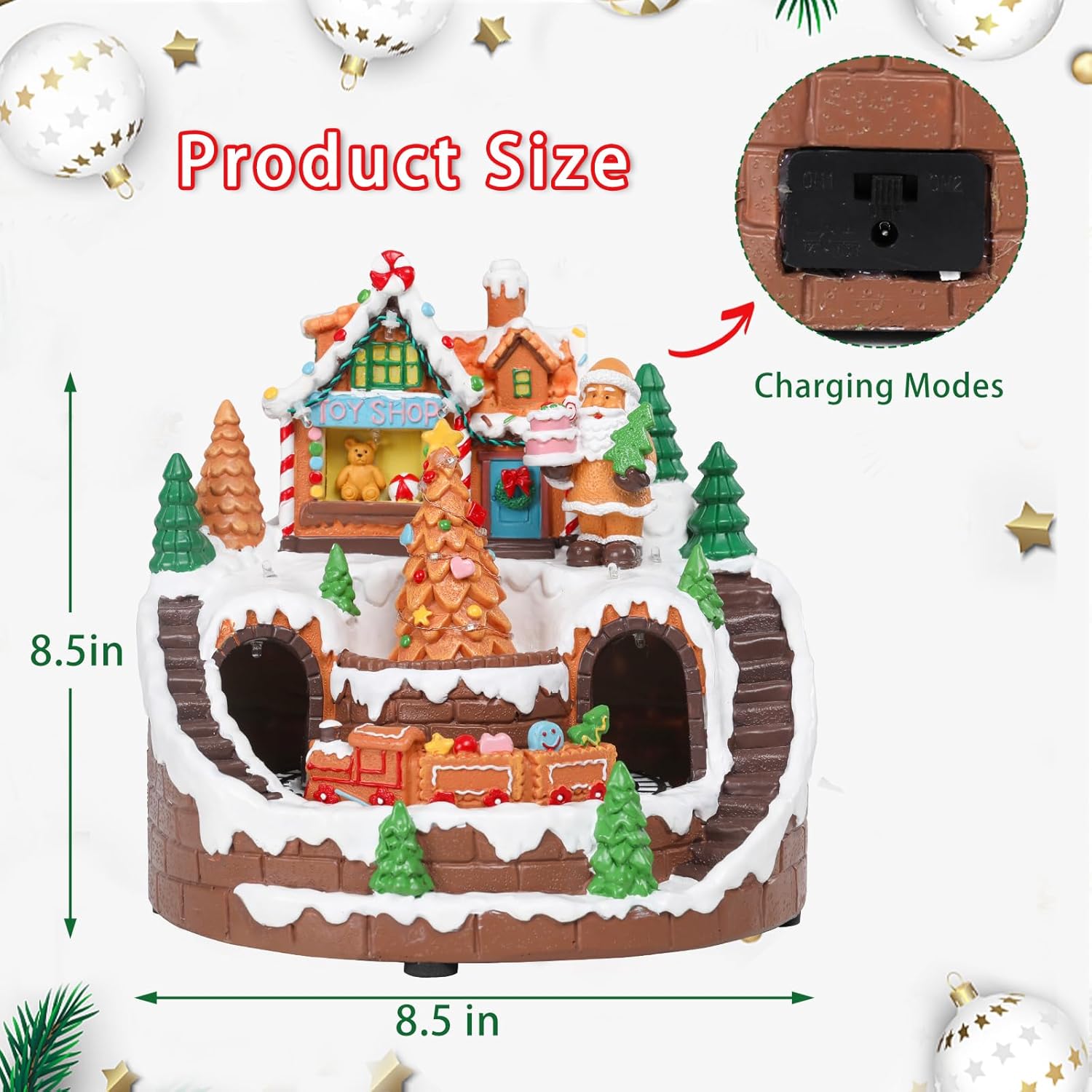 DREAM GARDEN Christmas Village House, Gingerbread House with Moving Train and Christmas Tree Battery Operated Musical Collectible Buildings with LED Lights for Home Table Holiday Display