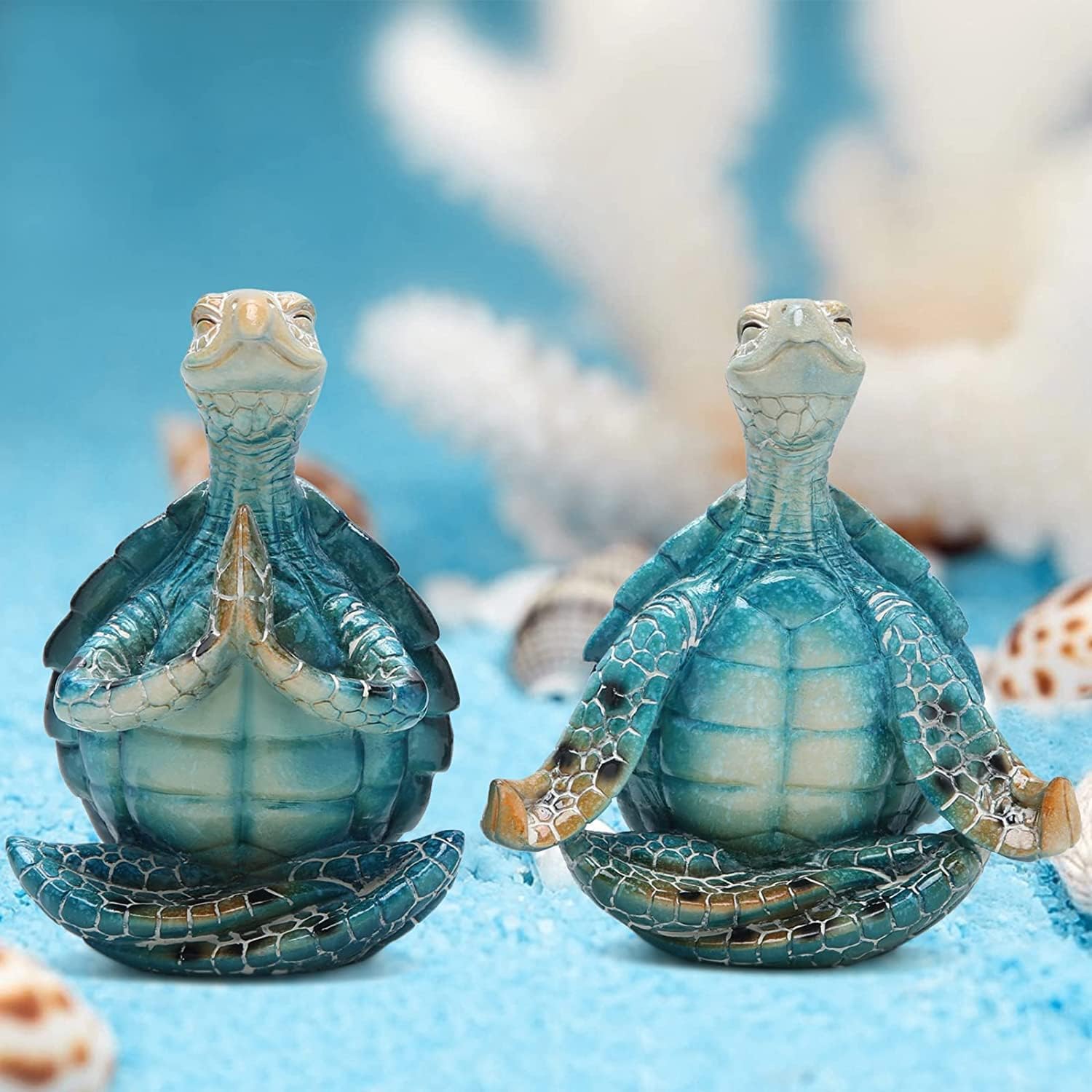 Set of 2 Sea Turtle Yoga Figurines - Summer Meditating Turtle Decor for Spring Garden, Home Office Decorations