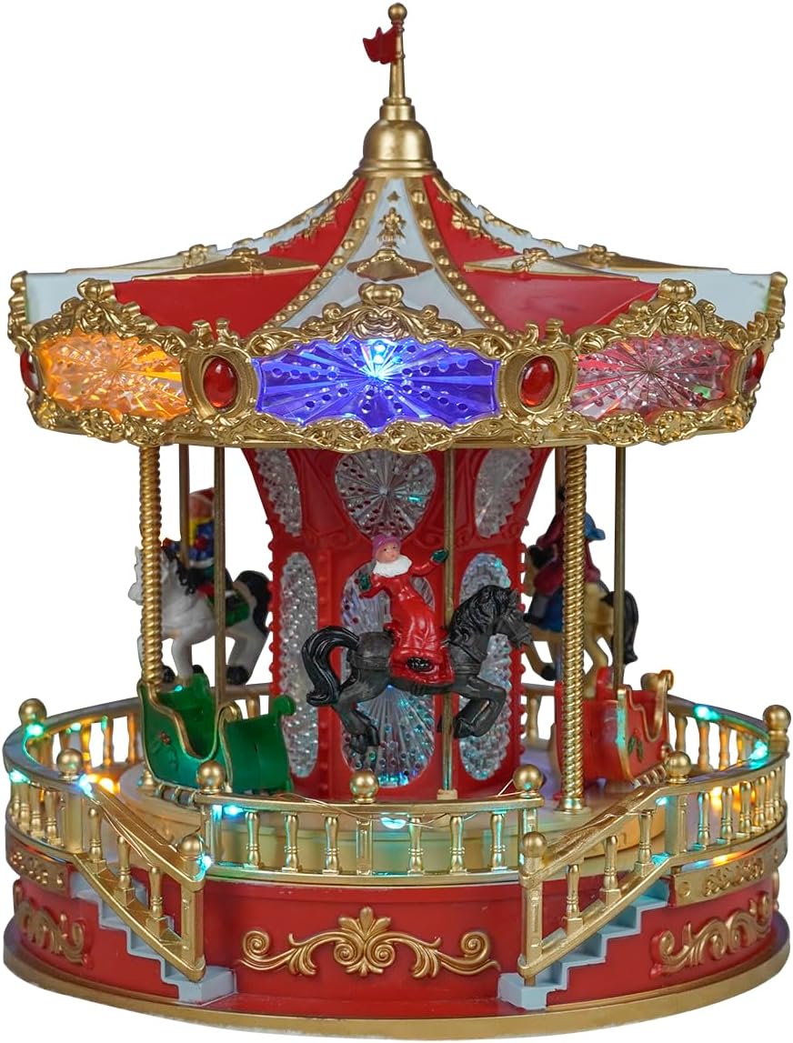 9" Animated Christmas Carousel, Carousel Go Round with Music and LED Lights, Christmas Decoration for Home Tabletop Gift