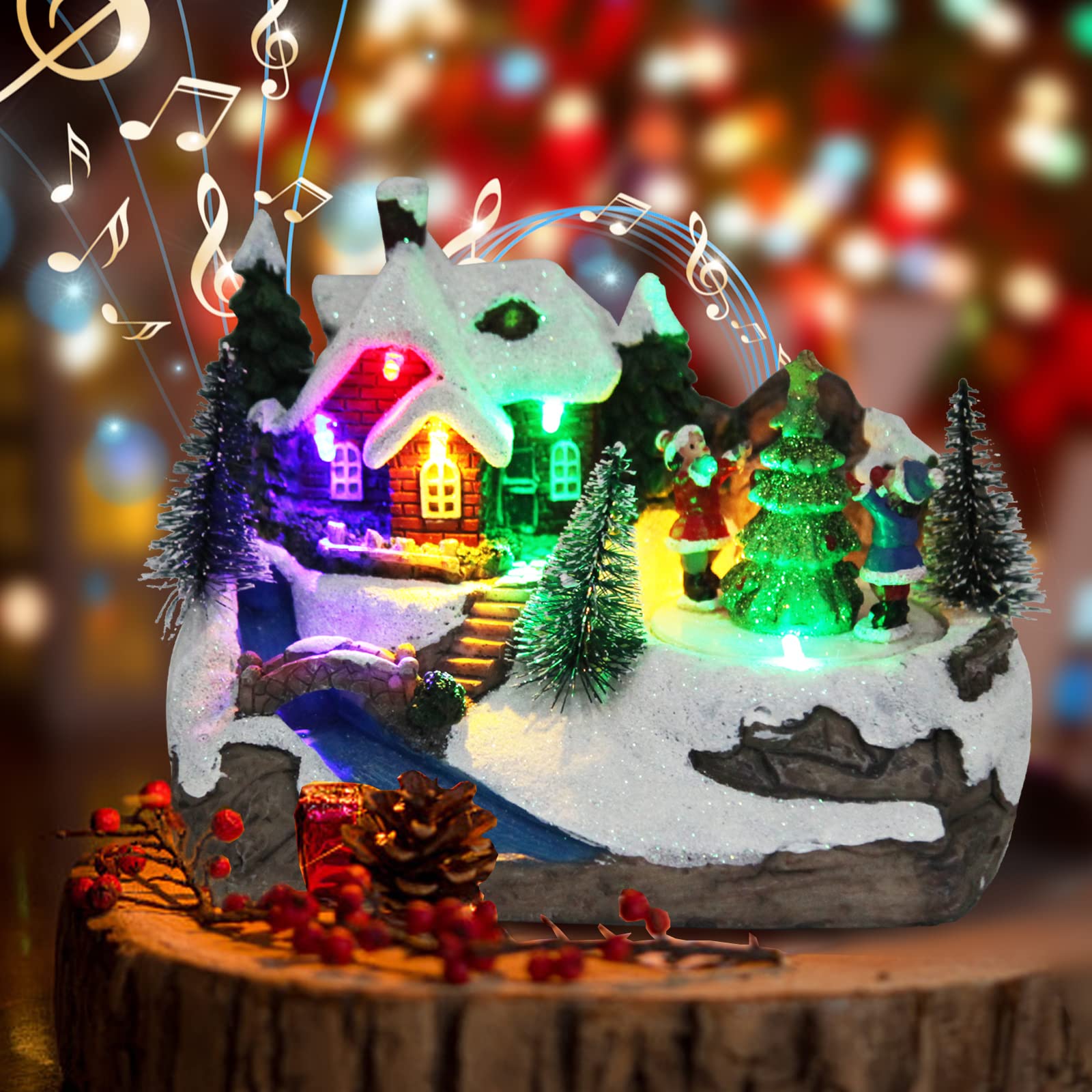 Christmas Village House Figurines Christmas Decor Estatua de la cabaña del Pueblo navideño Home Decoration Snow Globe Display Skating Pond Animated Christmas Theme Park with 8 Music L