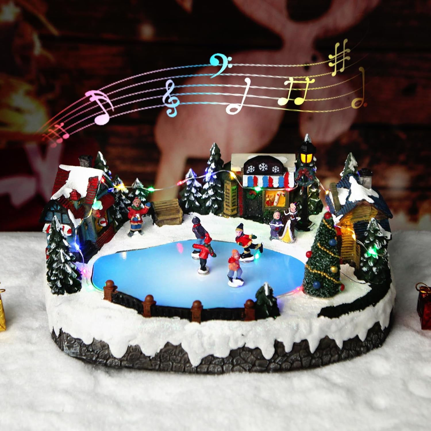 Christmas Village House Figurines Christmas Decor Estatua de la cabaña del Pueblo navideño Home Decoration Snow Globe Display Skating Pond Animated Christmas Theme Park with 8 Music L