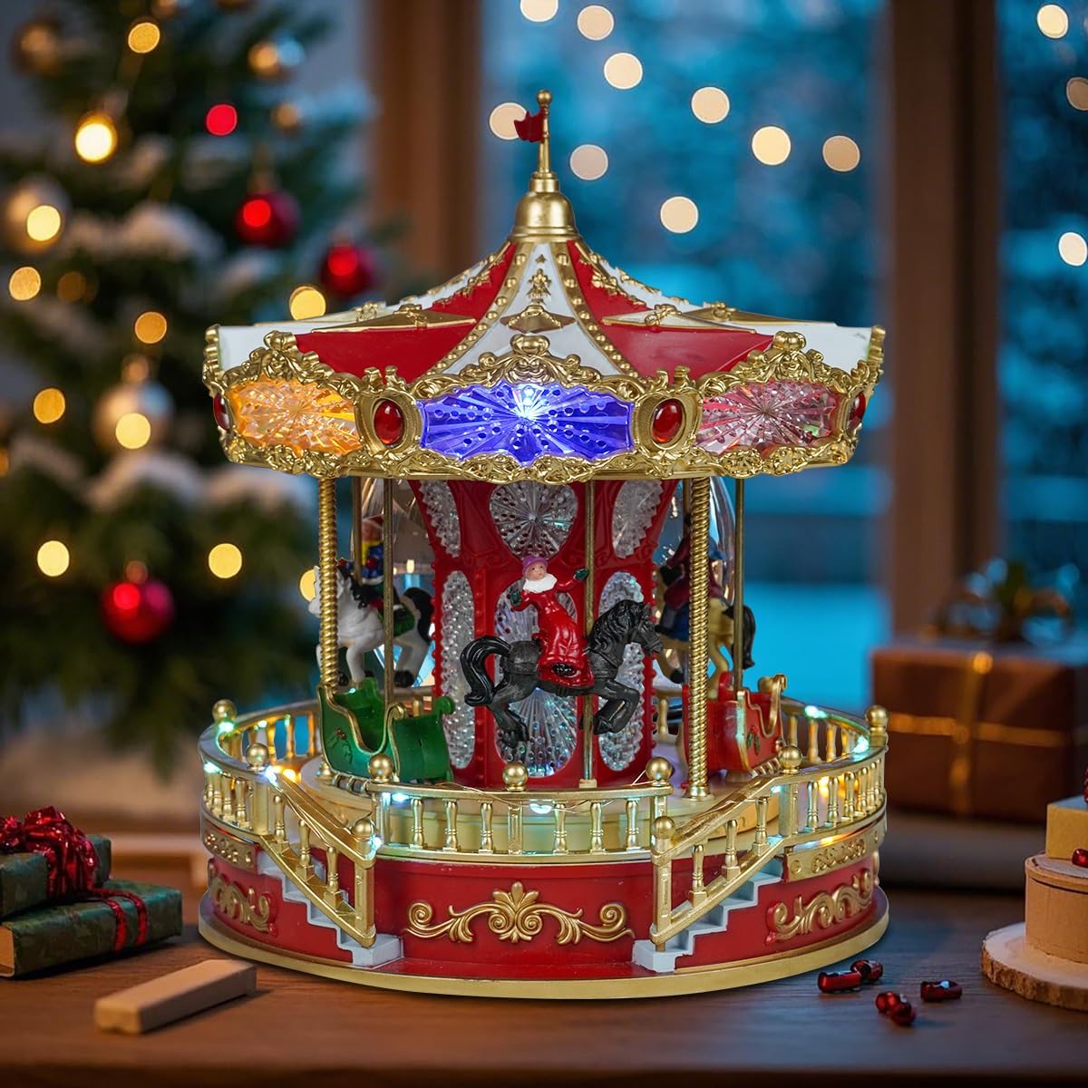 9" Animated Christmas Carousel, Carousel Go Round with Music and LED Lights, Christmas Decoration for Home Tabletop Gift