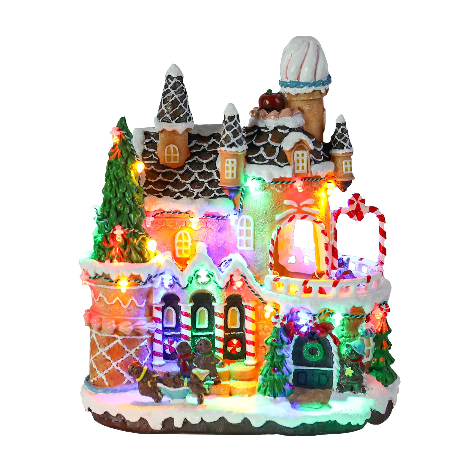 DREAM GARDEN Christmas Village House, Gingerbread House with Moving Train and Christmas Tree Battery Operated Musical Collectible Buildings with LED Lights for Home Table Holiday Display