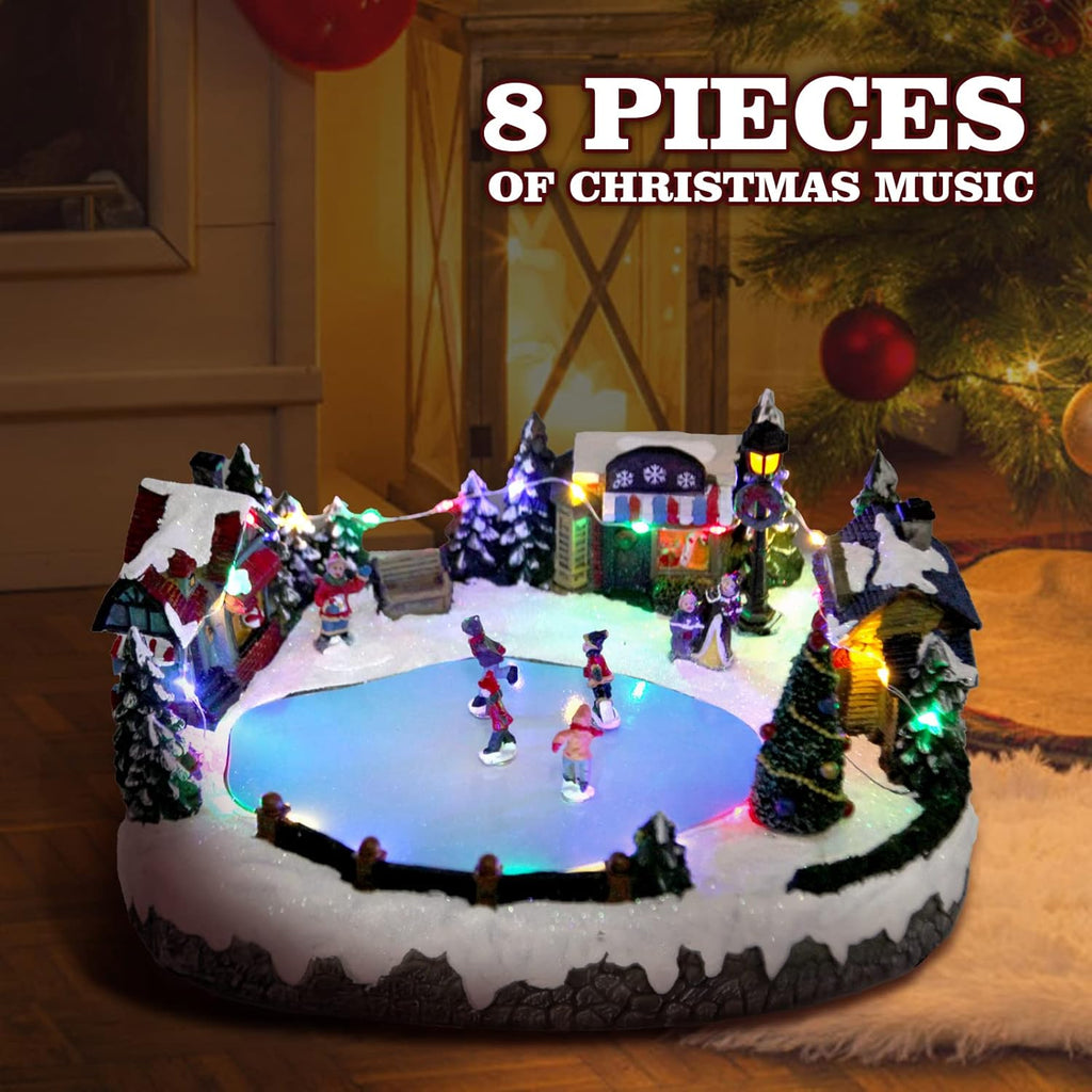 Christmas Village House Figurines Christmas Decor Estatua de la cabaña del Pueblo navideño Home Decoration Snow Globe Display Skating Pond Animated Christmas Theme Park with 8 Music L