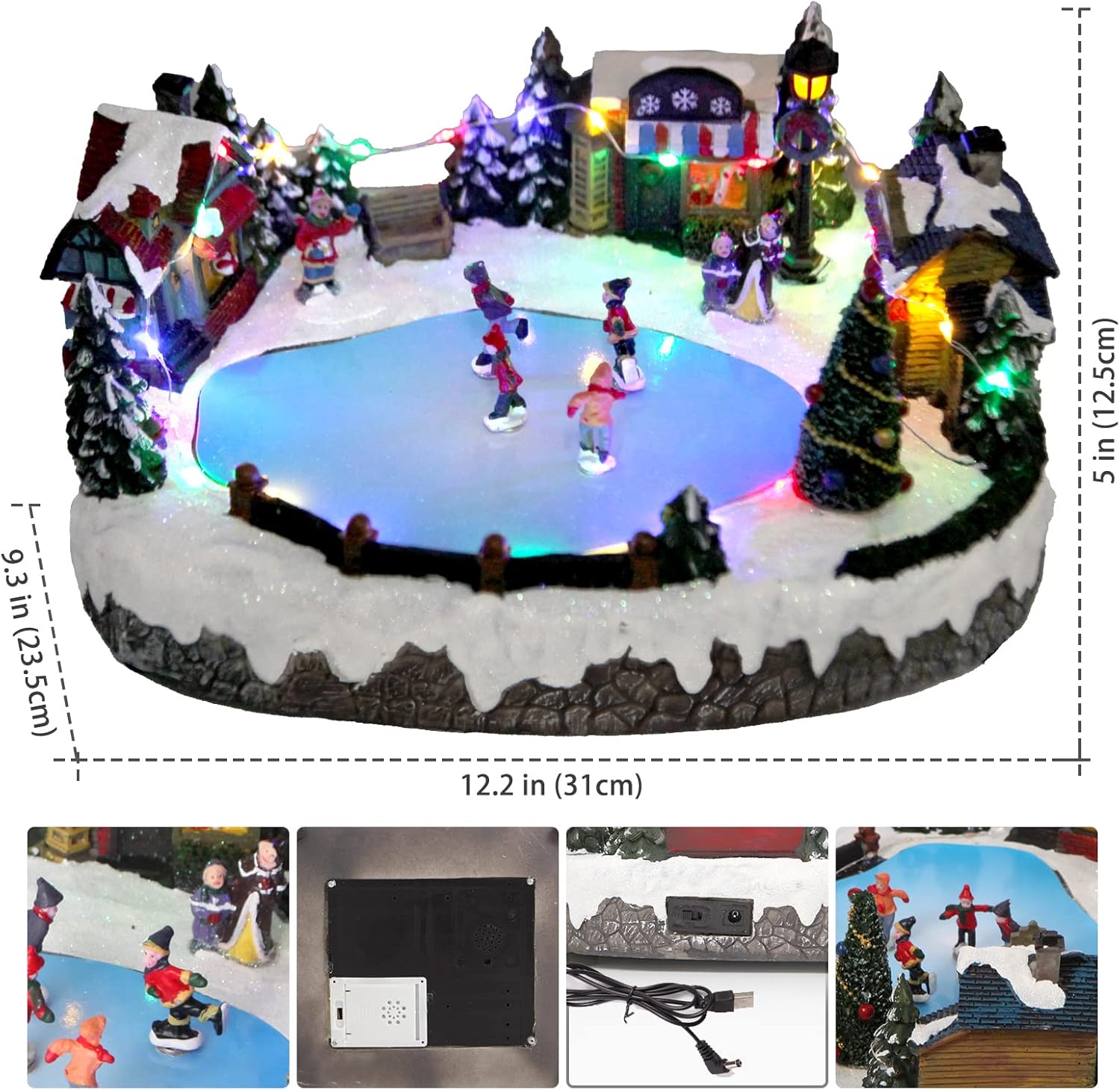 Christmas Village House Figurines Christmas Decor Estatua de la cabaña del Pueblo navideño Home Decoration Snow Globe Display Skating Pond Animated Christmas Theme Park with 8 Music L