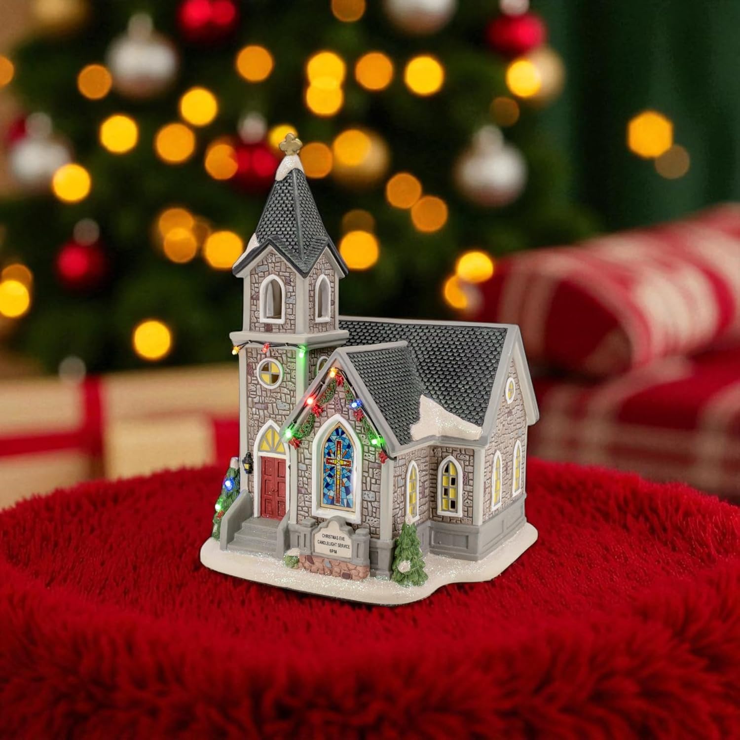 Corner Cathedral Porcelain Christmas Village with LED Lights