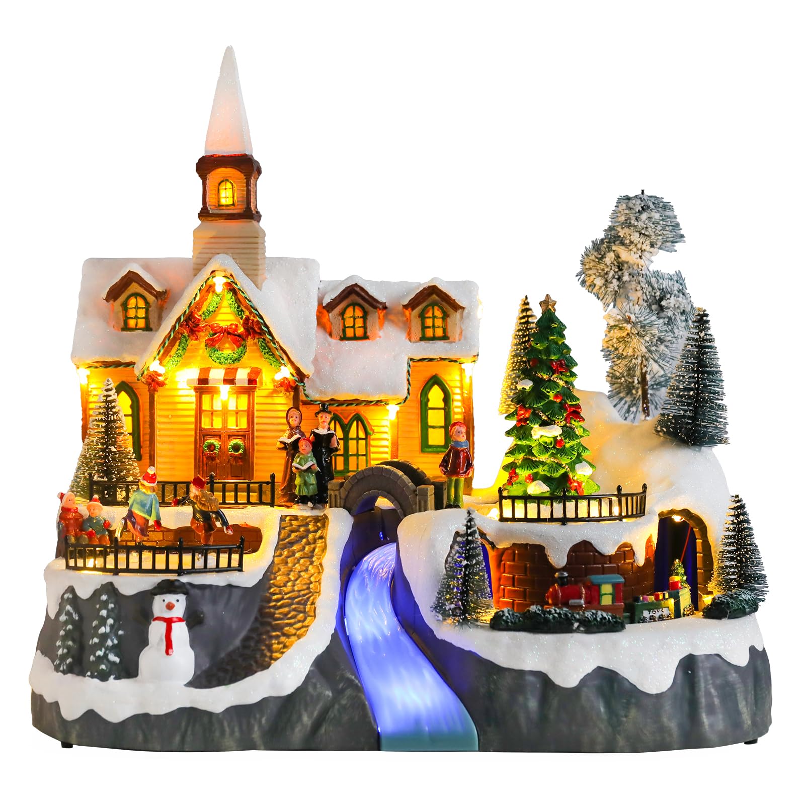 DREAM GARDEN Christmas Village House, Gingerbread House with Moving Train and Christmas Tree Battery Operated Musical Collectible Buildings with LED Lights for Home Table Holiday Display