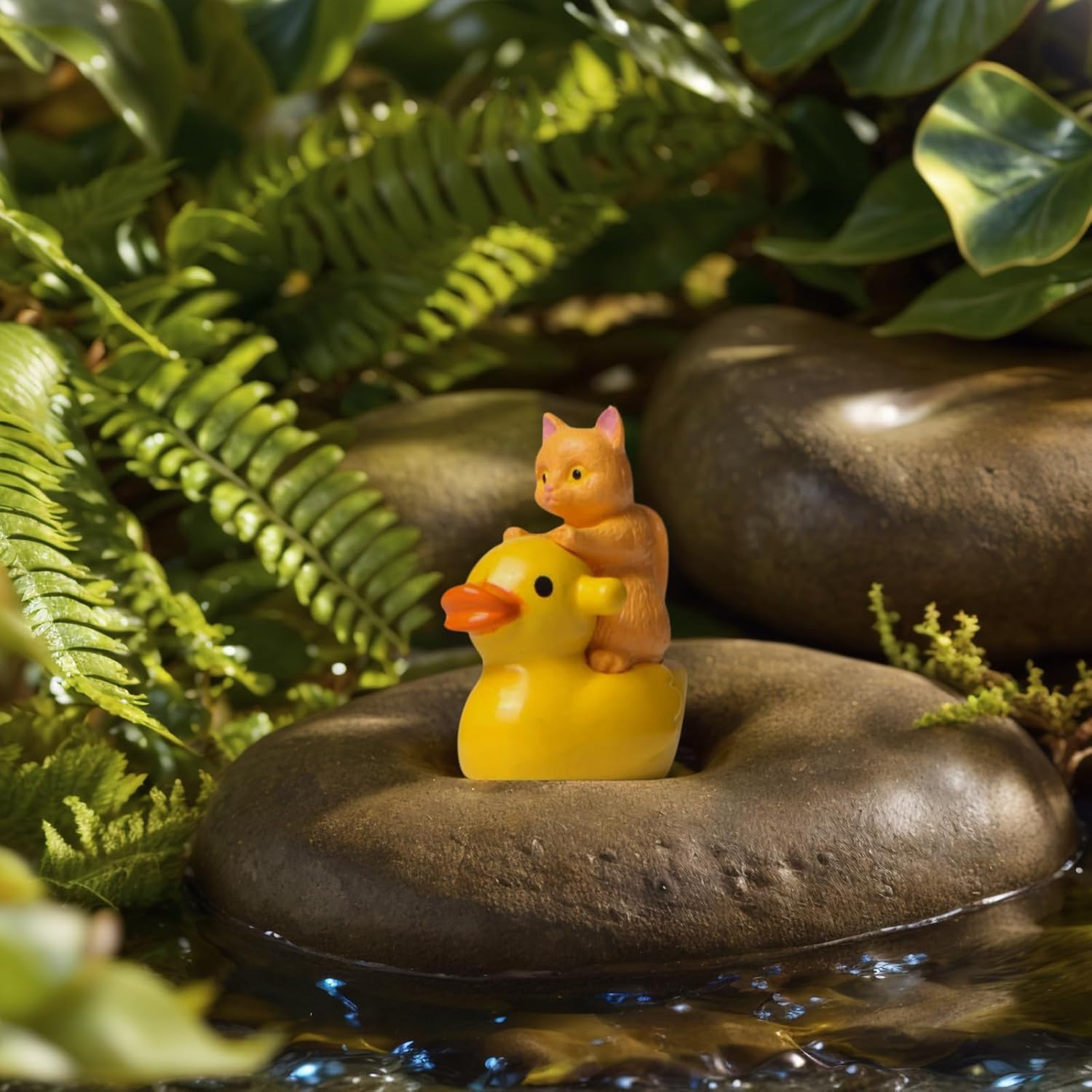 5Pcs Little Cute Cat Riding The Ducks Figurine for Office Desk Figurine for Nightstand Garden Fairy Accessories and Home Decoration Gift for Cat Lovers