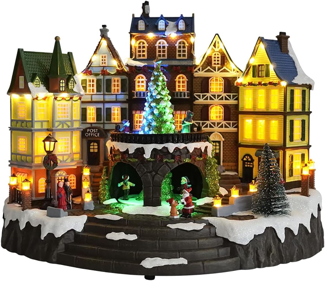 Christmas Village House, 12.4" H Large Size, Colourful LED Lights with Christmas Music, Rotating Christmas Trees and Roller Skaters, Christmas Decoration for Home (Yellow)
