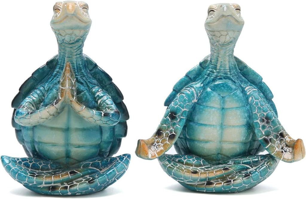 Set of 2 Sea Turtle Yoga Figurines - Summer Meditating Turtle Decor for Spring Garden, Home Office Decorations